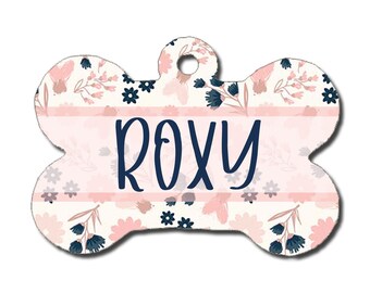 Dog ID Tag - White, Blush, Navy, Rose Gold Floral Print - Pet Tag - Personalized Dog Tag - Custom Dog Tag - Custom Pet Tag - Dog Collar Tag