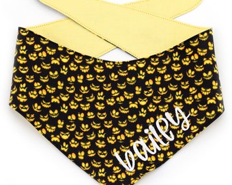 Jack-O-Lantern Faces Tie-On Dog Bandana ~ Reversible Fall Dog Bandana ~ Halloween Dog Bandana ~ Custom Dog Bandana ~ Sandy Paws Collar Co®