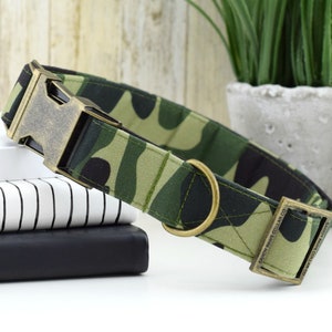 Camo Dog Collar - Green ~ Camouflage Fashion Dog Collar ~ Fabric Dog Collar ~ Antique Bronze Metal Hardware ~ Sandy Paws Collar Co