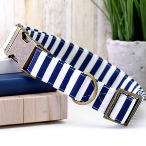 Striped Dog Collar - Navy & White ~ Striped Cotton Fabric Dog Collar ~ Fashion Dog Collar ~ Antique Bronze Hardware ~ Sandy Paws Collar Co