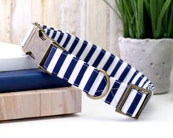 Striped Dog Collar - Navy & White ~ Striped Cotton Fabric Dog Collar ~ Fashion Dog Collar ~ Antique Bronze Hardware ~ Sandy Paws Collar Co