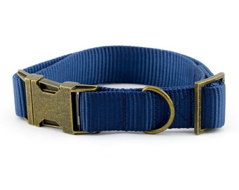 Webbing Dog Collar - Solid Navy Blue ~ Solid Nylon Webbing Dog Collar ~ Antique Bronze Metal Hardware ~ Sandy Paws Collar Co