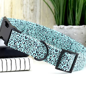 Mini Cheetah Dog Collar - Aqua & Black ~ Fabric Dog Collar ~ Fashion Dog Collar ~ Matte Black Metal Hardware ~ Sandy Paws Collar Co