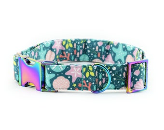 Under the Sea Dog Collar ~ Summer Fabric Dog Collar ~ Beach Fashion Dog Collar ~ Rainbow/Iridescent Metal Hardware ~ Sandy Paws Collar Co®