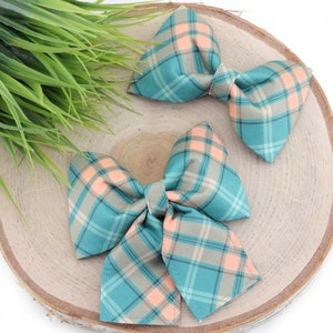 Peaches &#39;N Teal Dog Collar Bow ~ Fall Plaid Dog Collar Bow Tie ~ Girly Collar Bow ~ Slide On Bow for Dog Collar ~ Sandy Paws Collar Co®