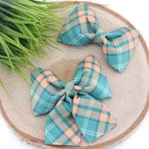 Peaches 'N Teal Dog Collar Bow ~ Fall Plaid Dog Collar Bow Tie ~ Girly Collar Bow ~ Slide On Bow for Dog Collar ~ Sandy Paws Collar Co®