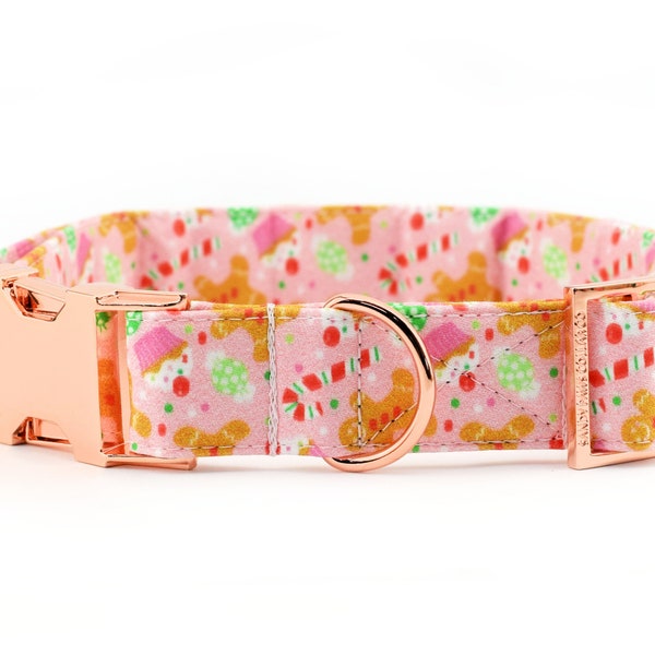 Christmas Treats Dog Collar - Pink ~ Christmas Dog Collar ~ Cute Cotton Fabric Fashion Collar ~ Rose Gold Hardware ~ Sandy Paws Collar Co®