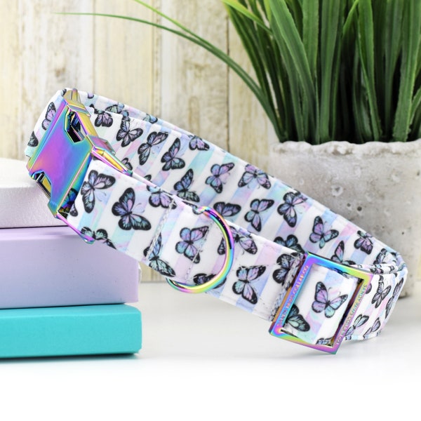 Butterfly Dog Collar - Rainbow Striped ~ Fashion Dog Collar ~ Fabric Dog Collar ~ Rainbow/Iridescent Metal Hardware ~ Sandy Paws Collar Co®