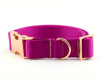 Webbing Dog Collar - Solid Raspberry ~ Solid Nylon Webbing Dog Collar ~ Rose Gold Metal Hardware ~ Sandy Paws Collar Co