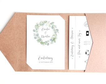 Pocketfold Hochzeitseinladung, Einladung zur Hochzeit Pocketfoldkarte • Eucalyptus Love