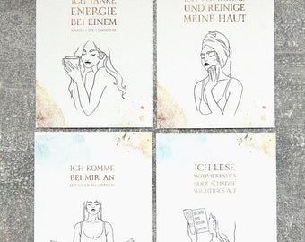 Könnte beinhalten: Vier illustrierte Karten mit Aquarellhintergründen und schwarzen Linienzeichnungen von Frauen. Jede Karte zeigt eine andere Selbstpflege-Aktivität: ein Getränk trinken, eine Gesichtsmaske auftragen, meditieren und ein Buch lesen. Der Text auf den Karten lautet: "Ich tanke Energie bei einem Kaffee Tee Smoothie", "Ich verwöhne und reinige meine Haut", "Ich komme bei mir an mit einer Meditation" und "Ich lese Motivierendes oder schreibe Wichtiges auf".