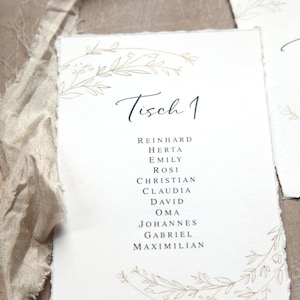 Puede incluir: Una tarjeta de mesa blanca con el texto "Tisch 1" y una lista de nombres en tinta negra. La tarjeta está decorada con ilustraciones florales doradas. El papel tiene un borde irregular y está sobre un fondo neutro.
