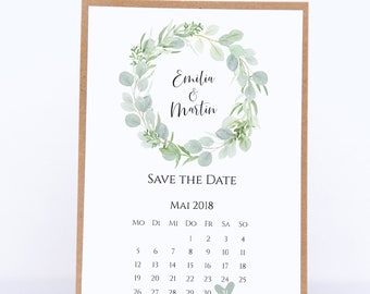 Save the date cards with calendar-Eucalyptus Love2