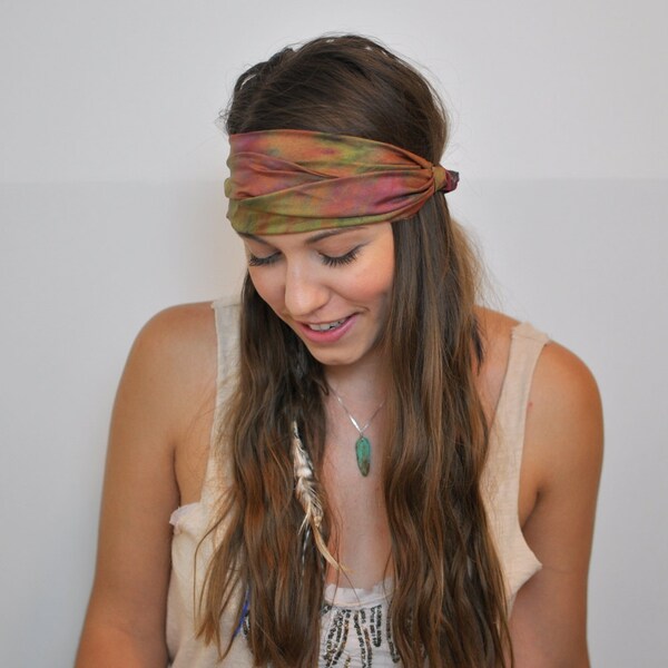 Pink and Green Tie Dye Headband/Headwrap : Hippie, Bohemian, Silk, Earthy, Dyed, Turban, Wide, Elastic Headband/Headwrap