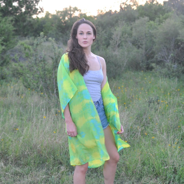 Green and Yellow Tie Dye Kimono, Silk Kimono Jacket, Chiffon Kimono, Boho Chic Clothing, Bohemian Style Clothing, Tie Dye Kimono