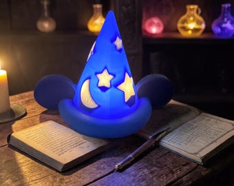 Lámpara de noche con forma de sombrero de mago / Lámpara LED de fantasía, decoración de estrellas y lunas inspirada en Disney.
