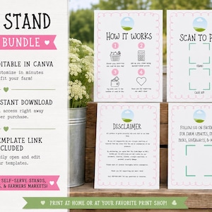 May include: A digital sign bundle for a farm stand featuring four white rectangular signs with pink scalloped borders. The signs include text titled Farm Stand Sign Bundle, How It Works, Scan To Pay, Disclaimer, and Follow Us On Facebook.