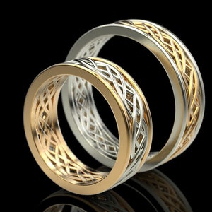 Couple Ring Set, Two Tone Ring, 14K Gold Wedding Band, His and Hers Rings, Celtic Wedding Bands