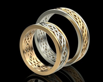 Couple Ring Set, Two Tone Ring, 14K Gold Wedding Band, His and Hers Rings, Celtic Wedding Bands