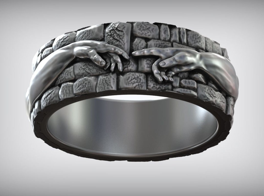 Hand of God Ring Creation of Adam, Unique Wedding Band, Silver the
