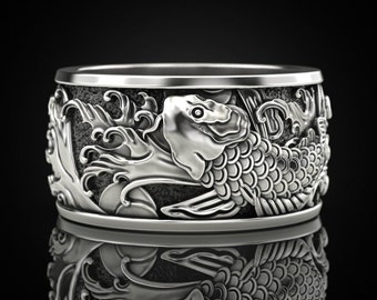 Carp and Waves Silver Men Band, Deux anneaux de carpe japonaise, Carp and Waves Motifs japonais Bague faite à la main