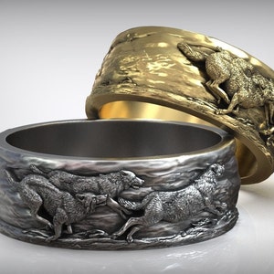 Wolf Ring, Norse Wolfs Band, Wolf Wedding Band, Wolfs Pack Ring, His and Hers Rings