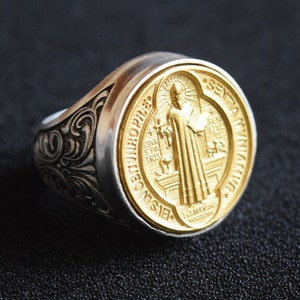 St Benedict Medal Cross Ring, Saint Benedict Exorcism Signet Ring, Saint Benedict Ring, San Benito Two Tone Ring