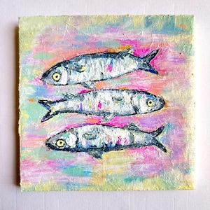 Sardine original painting Fish original art Fish painting Kitchen wall art Sardines painting miniature Fish art Sardine paint wall art mini