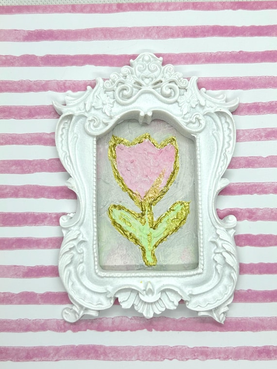 Blue Tulip Baby Room Wall Art, Baby Shower Gift, Mini Textured Painting with White Ornate Frame, Nursery Decor for Boys or Girls Handmade