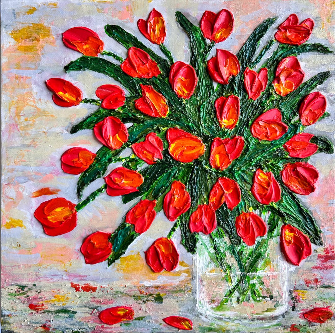 Textured Abstract Red Tulip Vase Painting Palette Knife Floral Wall Art ...