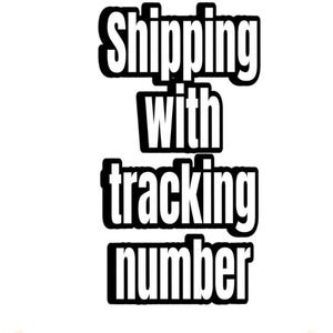 May include: White background with the text "Shipping with tracking number" in a bold, black font. The text is stacked vertically. The background has a subtle pattern of light yellow leaf shapes.