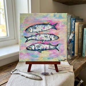 Original Sardine Painting on Canvas, Impasto Textured Fish Wall Art, Colorful Marine Life Artwork, Unique Gift for Ocean Lovers