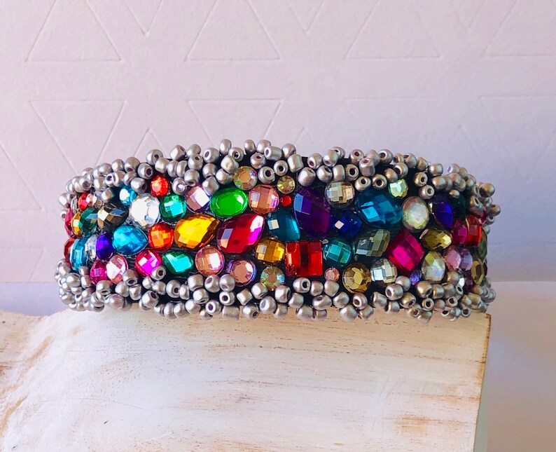Denim Headband with Rainbow Gradient Crystals