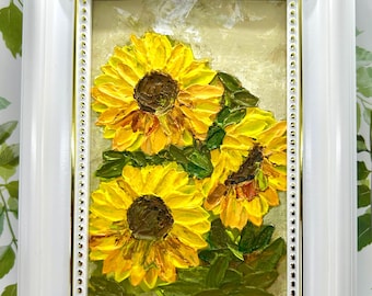 Sunflower Painting in White Frame – Textured Floral Wall Art or Tabletop Decor – 3D Yellow Sunflowers Gift for Nature Lovers - Desk painting