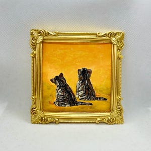 Miniature Tabby Cat Painting | Original Hand-Painted Art with Orange Background | Framed Cat Lover Gift | Small Cat Wall Decor | 4x4 inches