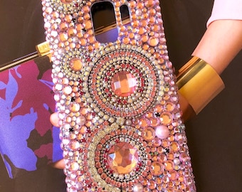 Strass-TELEFONHÜLLE. Rosa BLING-Handyhülle. Handgefertigte transparente Schutzhülle mit Strasssteinen und Diamanten zum Schutz für das iPhone Samsung