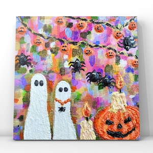 Halloween original painting, ghost painting canvas, spooky wall art, pumpkin wall decor, 3d art, scary halloween decorations, Halloween gift