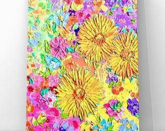 Tableau abstrait original de fleurs, peinture abstraite, œuvre d'art multicolore, décoration murale joyeuse, tableau floral pour un nouvel appartement