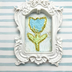 Blue Tulip Baby Room Wall Art, Baby Shower Gift, Mini Textured Painting with White Ornate Frame, Nursery Decor for Boys or Girls Handmade