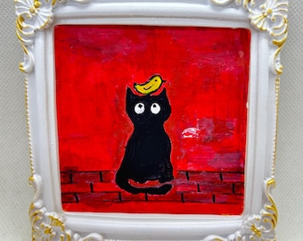 Black Cat with Yellow Bird on Head Miniature Painting - Original Art in White and Gold Baroque Frame - Black Cat Art For Whimsical Decor