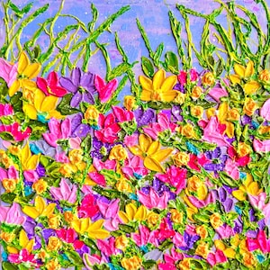 Floral landscape original painting Textured abstract wildflower painting Palette knife cool floral art Flower field wall art Flower painting