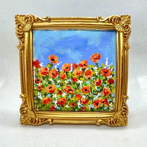 California Poppies Painting Miniature, Poppy Field Painting with Blue Sky, Original Floral Art in Ornate Gold Baroque Frame, Botanical Art