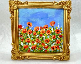 California Poppies Painting Miniature, Poppy Field Painting with Blue Sky, Original Floral Art in Ornate Gold Baroque Frame, Botanical Art