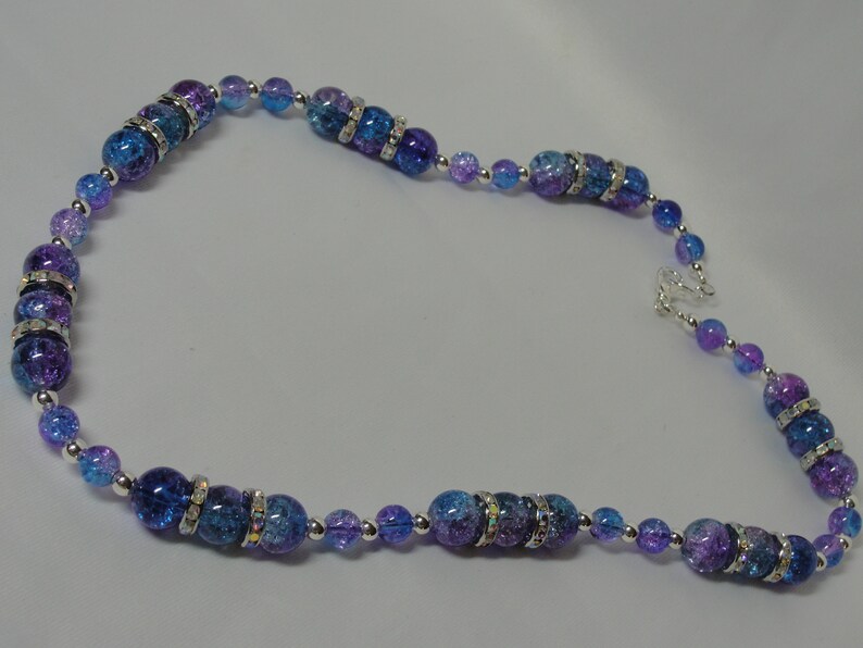 Iridescent Purple/Blue Glass Beaded Necklace with Rhinestone | Etsy