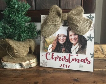 Christmas Picture Frame, Rustic Christmas Decor, Burlap Bow, Farmhouse Christmas Decor, Family Christmas Picture Frame