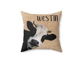 Spun Polyester Square Pillow, Custom Name Pillow, Farmhouse Decor, Kids Bedroom, Cow Decor, Cow Throw Pillow, Birthday Gift, Christrmas Gift