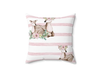 Spun Polyester Square Pillow, Floral Deer Pillow, Spring Pillow, Spring Decor, Nursery Decor, Couch Pillow, Gift For Sister, New baby