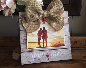 Rustic Wood Picture Frame, Burlap Bow, Wedding Gift, Anniversary Gift, Gift For Her, Couples Gift
