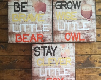 Set of THREE, Nursery Wall Decor, Rustic Home Decor, Baby Boy Room Decor, Woodland Nursery Decor, Owl, Fox and Bear Decor