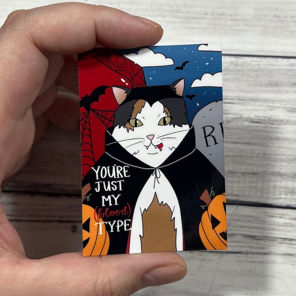 Sadie Vampire Glossy or Matte Vinyl Water Resistant Die Cut Sticker | High-Quality Art Calico Cat Just My Blood Type Tombstone Bats Cobwebs